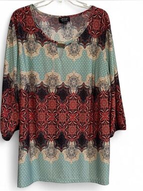 JSP Woman 3/4 sleeve blouse with r mandala-style geometric pattern-1X- Key Hole